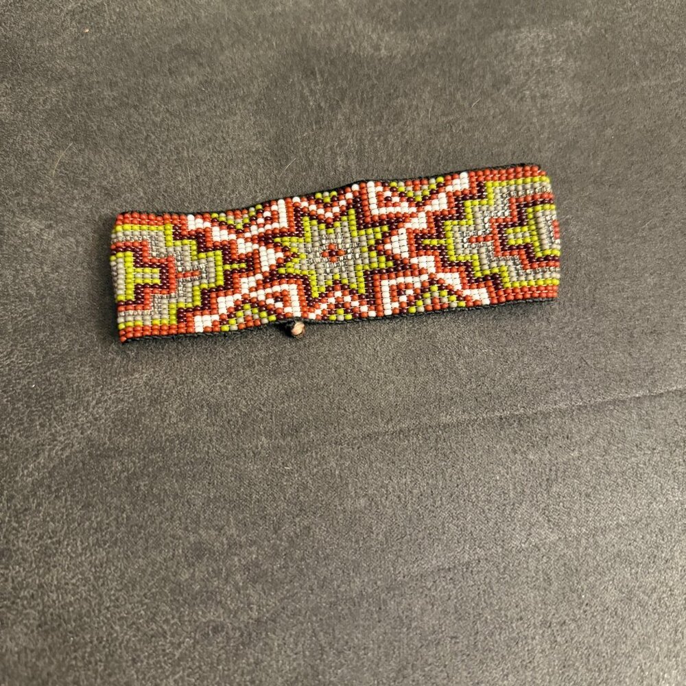 Handmade Beaded Bracelet With Geometric Star Pattern In Red Green & White  Adjus